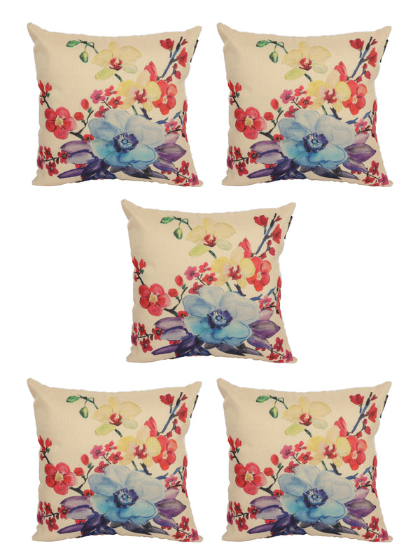 Soft Jute Floral Print Throw Pillow/Cushion Covers 16x16 inch, Set of 5 - Multicolor