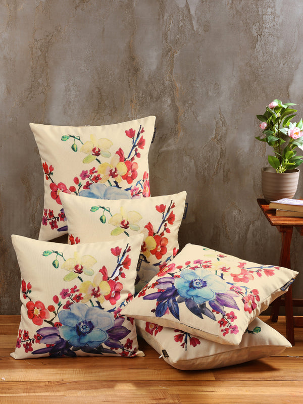 Soft Jute Floral Print Throw Pillow/Cushion Covers 16x16 inch, Set of 5 - Multicolor