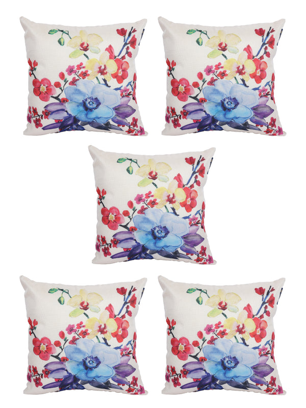 Cream Set of 5 Floral Patterned Jute Square Cushion Covers