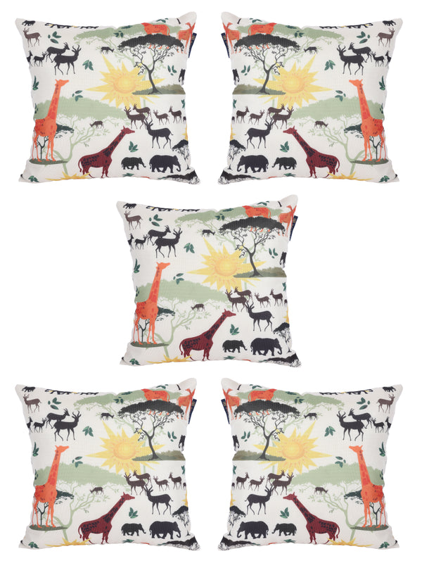 WHITE SET OF 5 CARTOON CHARACTERS PATTERNED JUTE SQUARE CUSHION COVERS