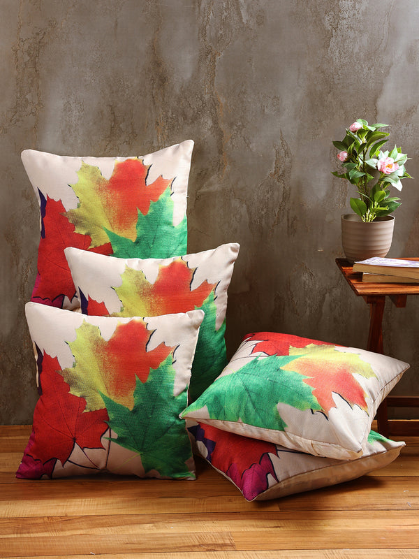 Soft Polyester Jute Leaves Print Cushion Covers 16 inch x 16 inch Set of 5 - Multicolor