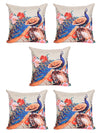 Soft Jute Peacock Print Throw Pillow/Cushion Covers 16x16 inch Set of 5 - Multicolor