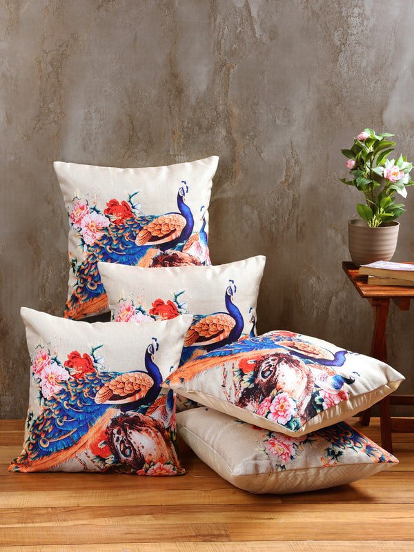 Soft Jute Peacock Print Throw Pillow/Cushion Covers 16x16 inch Set of 5 - Multicolor