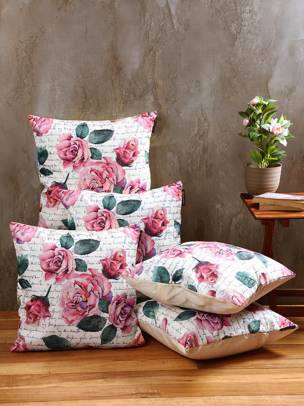 Soft Jute Rose Floral Print Throw Pillow/Cushion Covers 40cm x 40cm, Set of 5 - Multicolor