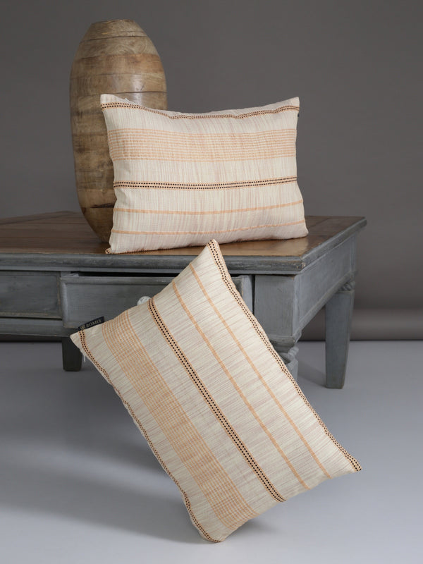 Beige Set of 2 Striped Patterned Polycotton Square Cushion Covers