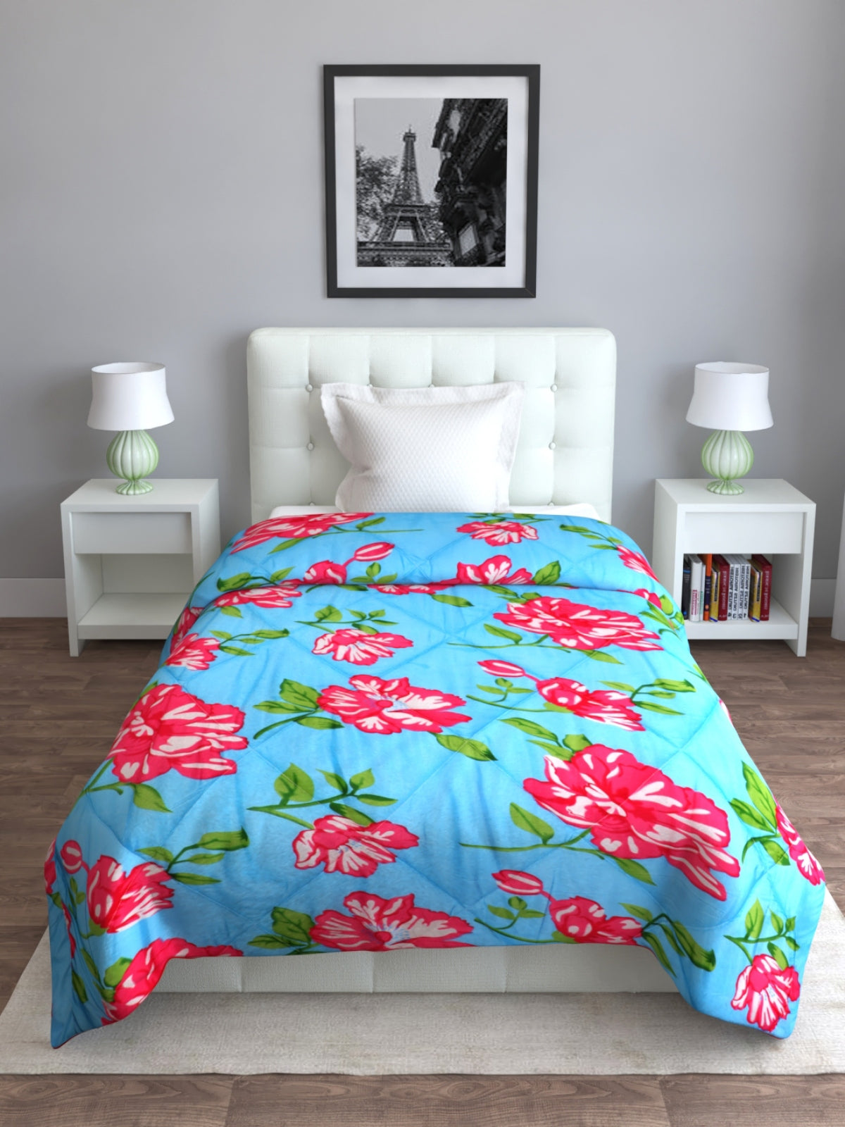 Romee Blue & Pink Floral Patterned 210 Gsm Reversible Ac Comforter