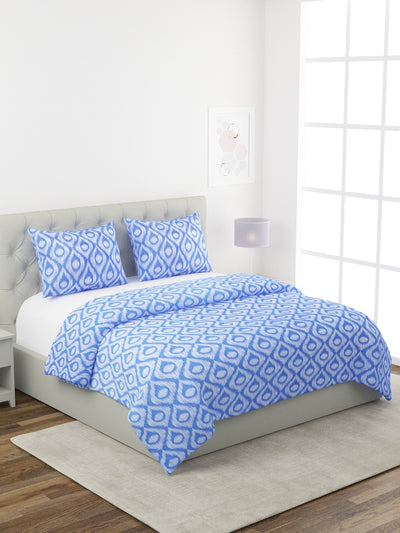 Off White & Blue Ethnic Motifs Patterned Double Bed Cover with 2 Pillow Covers