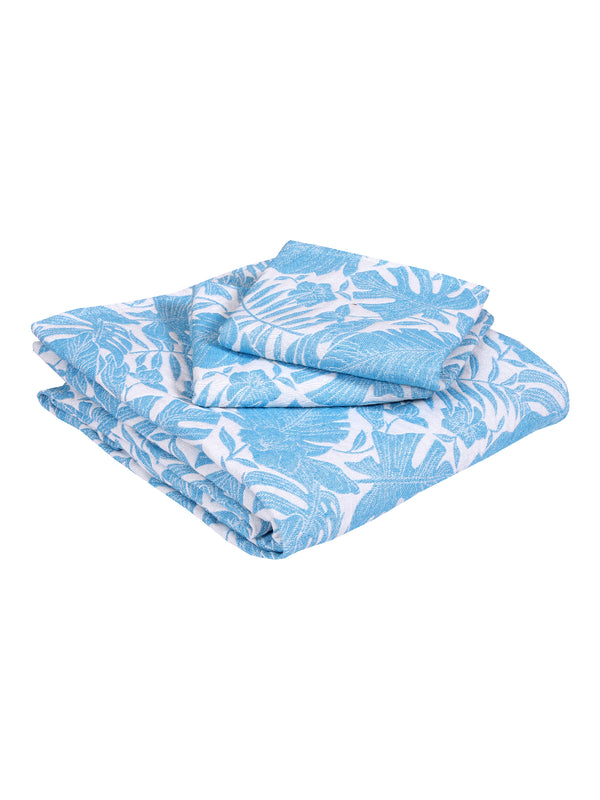 Blue & Off White Floral Patterned Reversible Double Bed Cover With 2 Pillow Covers