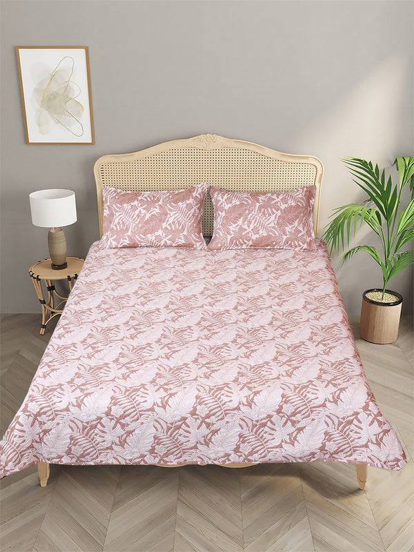 Beige & Off White Floral Patterned Reversible Double Bed Cover With 2 Pillow Covers