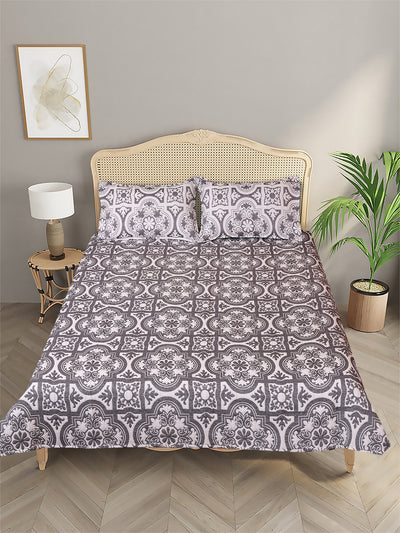 Grey & Off White Ethnic Motifs Patterned Reversible Double Bed Cover With 2 Pillow Covers