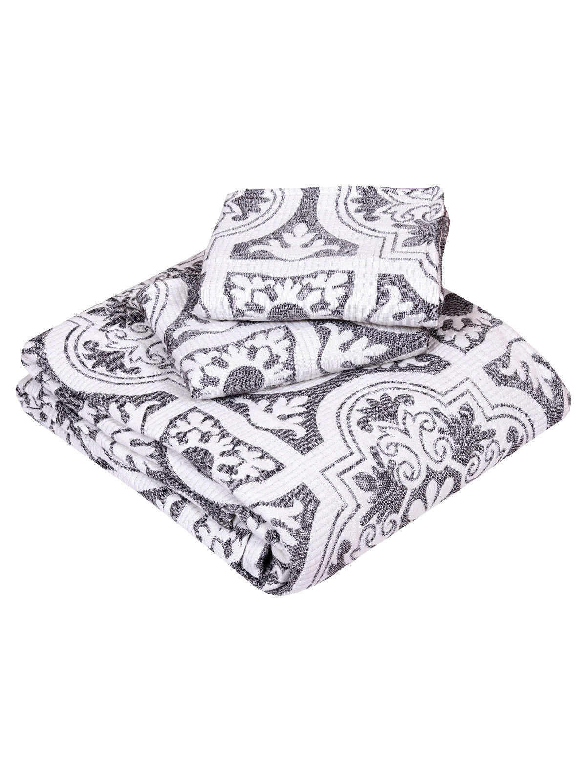 Grey & Off White Ethnic Motifs Patterned Reversible Double Bed Cover With 2 Pillow Covers