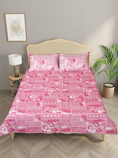 Pink & White Ethnic Motifs Patterned Reversible Double Bed Cover With 2 Pillow Covers