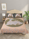 Teal & Beige Self-Designed Patterned Reversible Double Bed Cover With 2 Pillow Covers