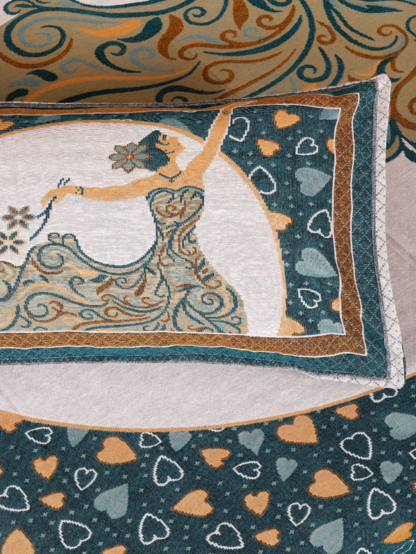Teal & Beige Self-Designed Patterned Reversible Double Bed Cover With 2 Pillow Covers