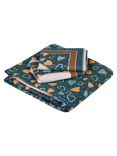 Teal & Beige Self-Designed Patterned Reversible Double Bed Cover With 2 Pillow Covers