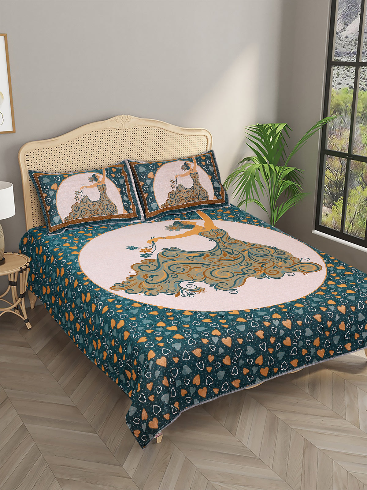Teal & Beige Self-Designed Patterned Reversible Double Bed Cover With 2 Pillow Covers