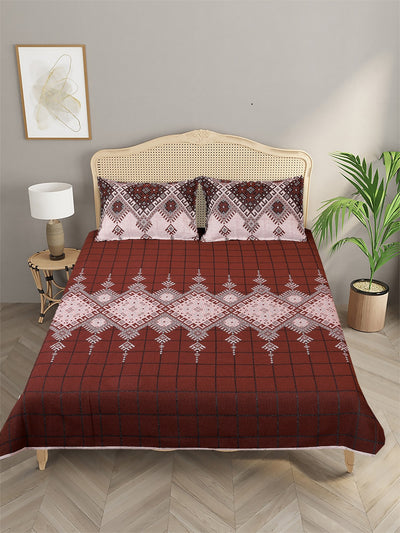 Beige & Brown Ethnic Motifs Patterned Reversible Double Bed Cover With 2 Pillow Covers