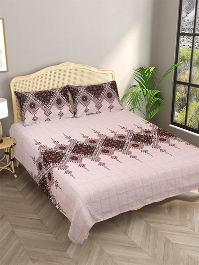 Beige & Brown Ethnic Motifs Patterned Reversible Double Bed Cover With 2 Pillow Covers