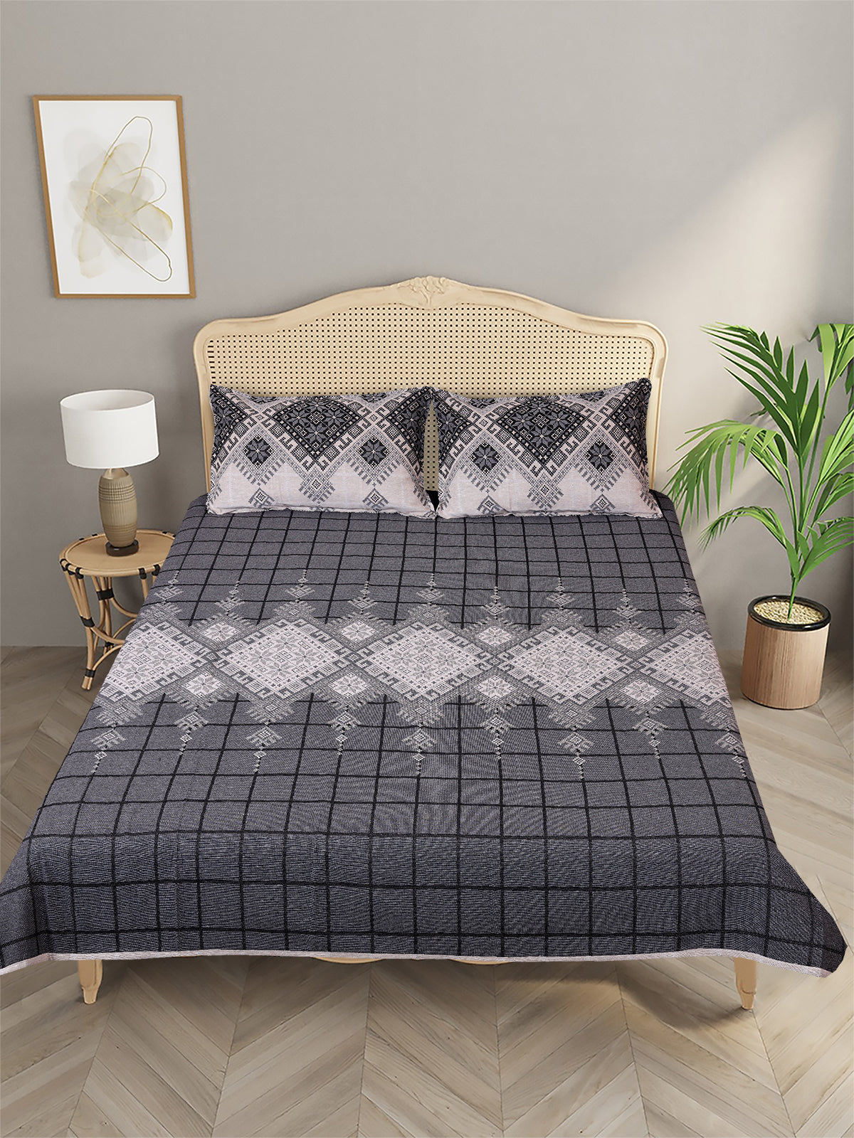 Beige & Grey Ethnic Motifs Patterned Reversible Double Bed Cover With 2 Pillow Covers