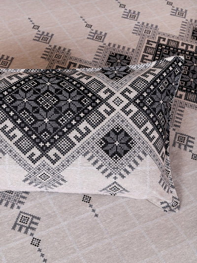 Beige & Grey Ethnic Motifs Patterned Reversible Double Bed Cover With 2 Pillow Covers