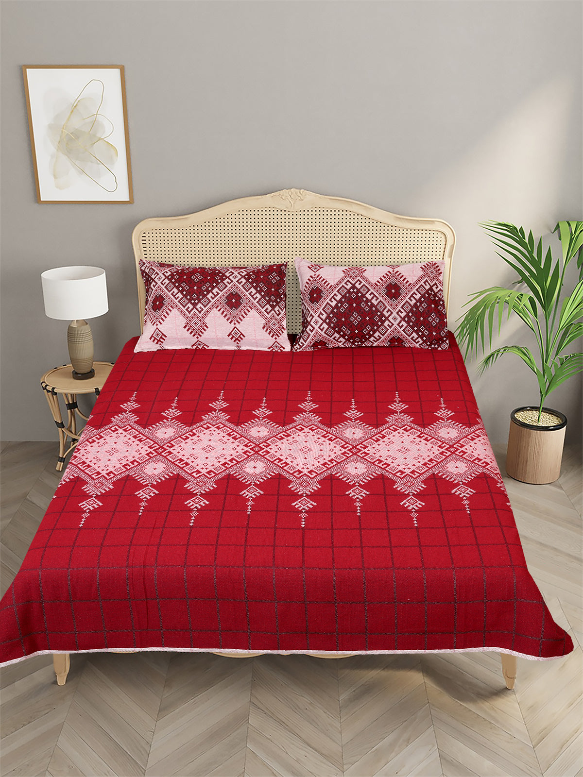 Beige & Maroon Ethnic Motifs Patterned Reversible Double Bed Cover With 2 Pillow Covers