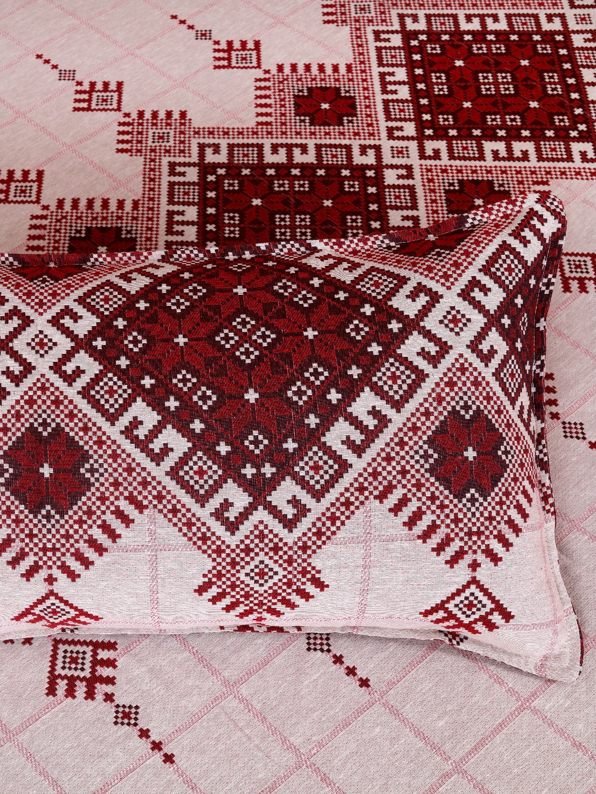 Beige & Maroon Ethnic Motifs Patterned Reversible Double Bed Cover With 2 Pillow Covers