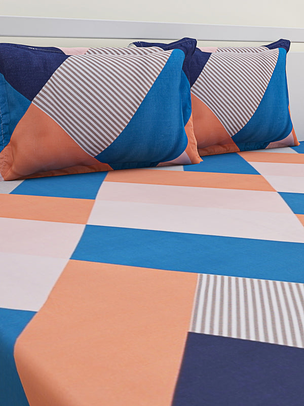 Blue & Beige Geometric Patterned 210 TC Queen Bedsheet with 2 Pillow Covers
