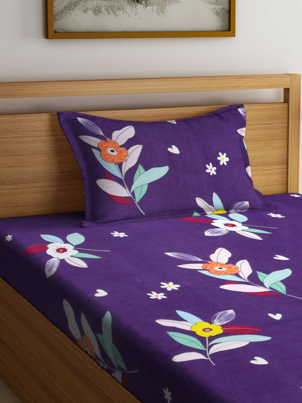 Blue Floral Patterned 210 TC Single Bedsheet with 1 Pillow Cover