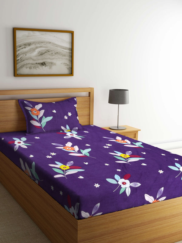 Blue Floral Patterned 210 TC Single Bedsheet with 1 Pillow Cover