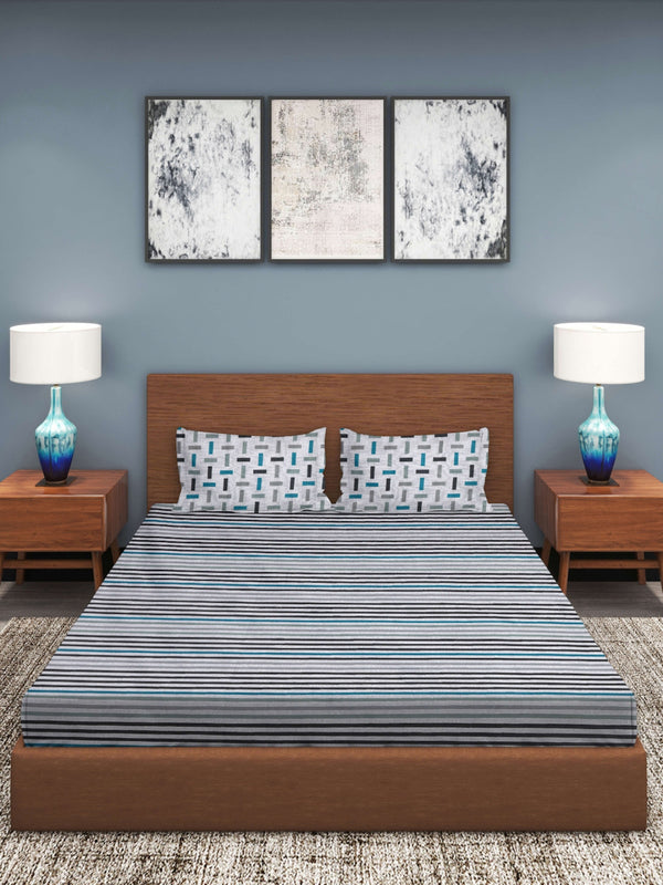 Grey & Black Stripes Patterned 210 TC Queen Bedsheet with 2 Pillow Covers