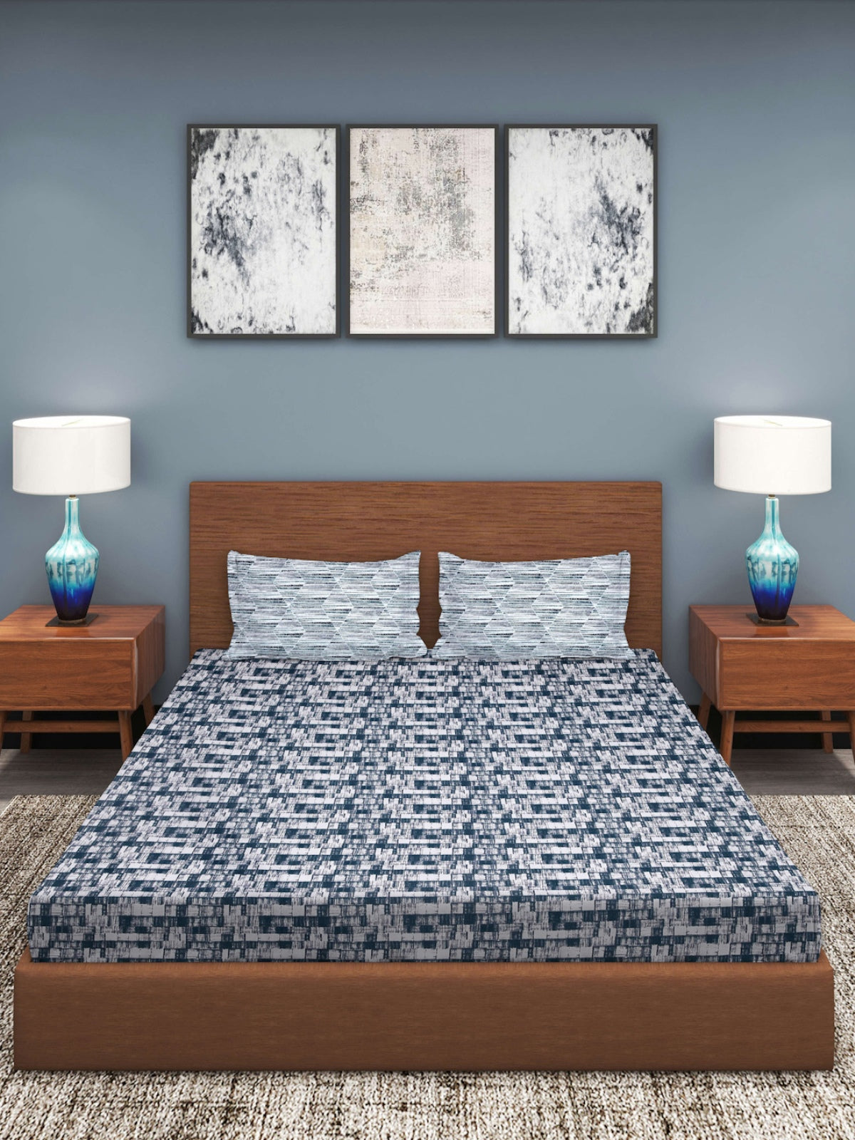 Blue & White Textured Patterned 210 TC Queen Bedsheet with 2 Pillow Covers