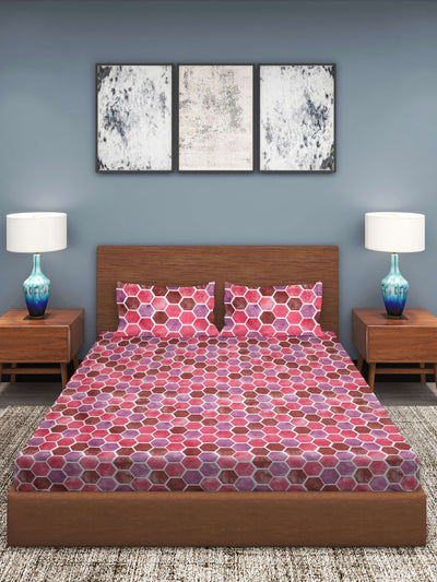 Pink & Purple Geometric Patterned 210 TC King Bedsheet with 2 Pillow Covers