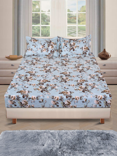 ROMEE Blue Floral 150 TC King Bedsheet with 2 Pillow Covers
