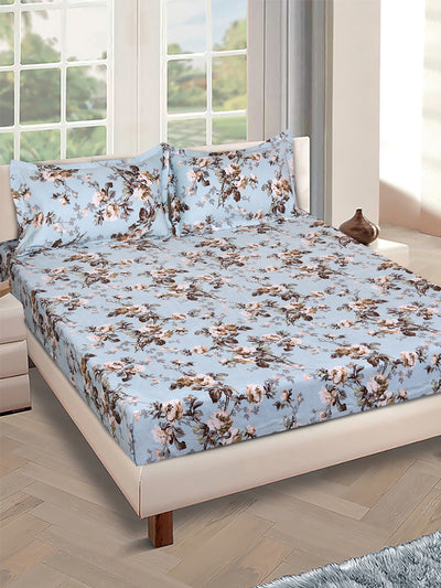 ROMEE Blue Floral 150 TC King Bedsheet with 2 Pillow Covers