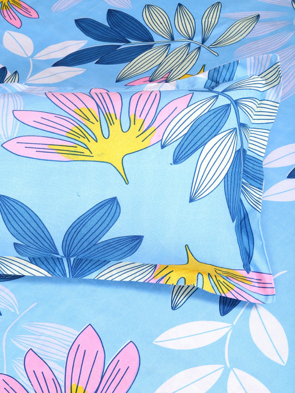 ROMEE Blue Floral 150 TC King Bedsheet with 2 Pillow Covers