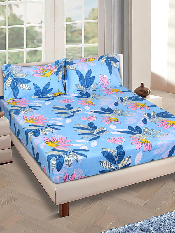ROMEE Blue Floral 150 TC King Bedsheet with 2 Pillow Covers