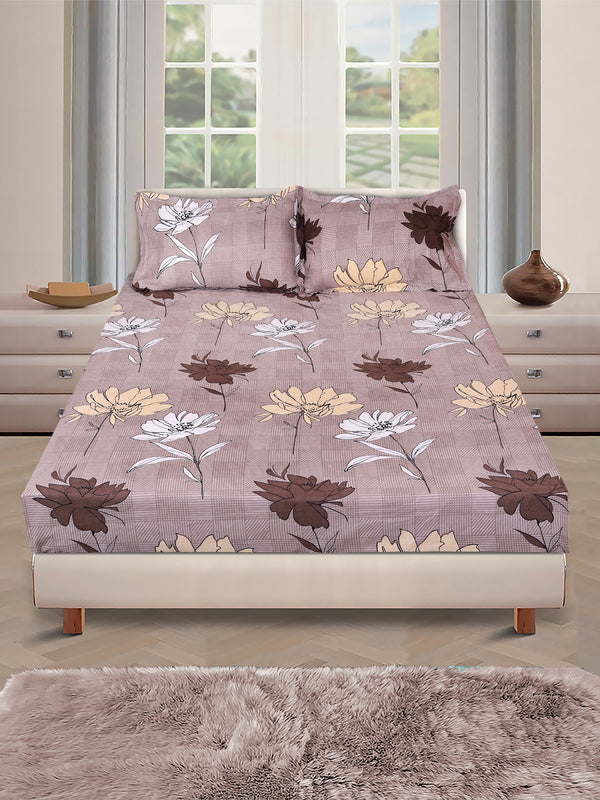ROMEE Beige Floral 150 TC King Bedsheet with 2 Pillow Covers