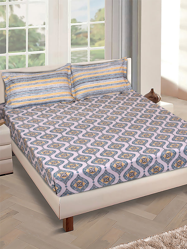 Multicolor Ethnic Motifs PATTERNED 144 TC QUEEN BEDSHEET WITH 2 PILLOW COVERS