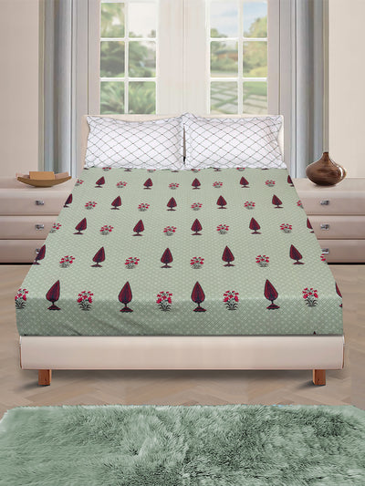 Green Floral PATTERNED 144 TC QUEEN BEDSHEET WITH 2 PILLOW COVERS