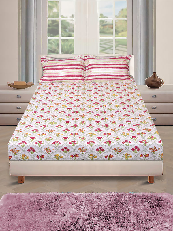 White & Green Floral PATTERNED 144 TC QUEEN BEDSHEET WITH 2 PILLOW COVERS