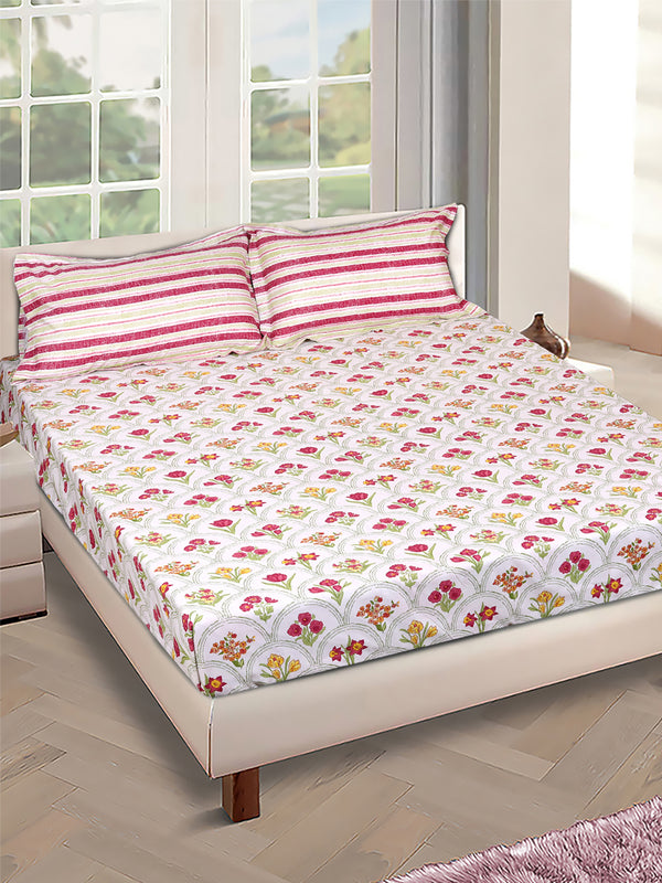 White & Green Floral PATTERNED 144 TC QUEEN BEDSHEET WITH 2 PILLOW COVERS