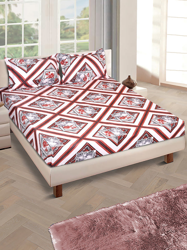 ROMEE Cream/Brown & Grey Geometric 186 TC King Bedsheet with 2 Pillow Covers