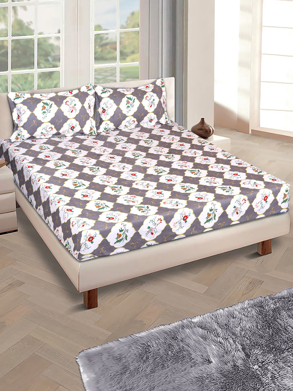 ROMEE White & Grey Classic 186 TC King Bedsheet with 2 Pillow Covers