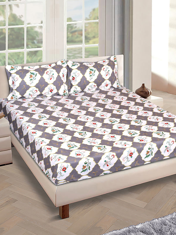 ROMEE White & Grey Classic 186 TC King Bedsheet with 2 Pillow Covers