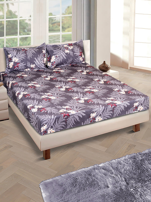 ROMEE Grey Leafy 186 TC King Bedsheet with 2 Pillow Covers