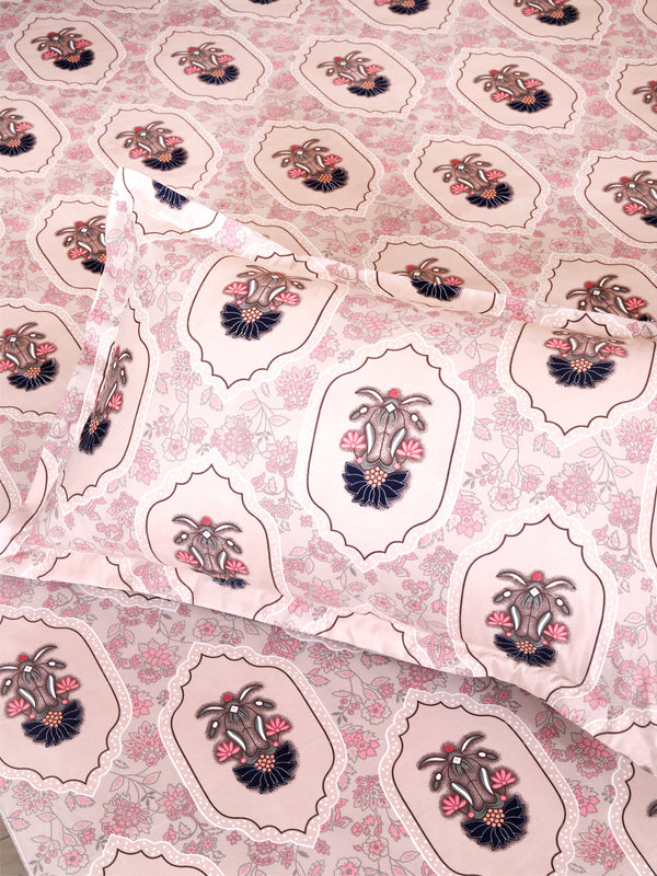 ROMEE Beige Floral 186 TC King Bedsheet with 2 Pillow Covers