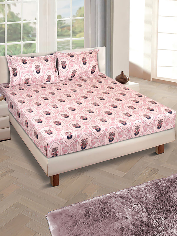 ROMEE Beige Floral 186 TC King Bedsheet with 2 Pillow Covers