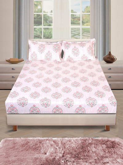 ROMEE Cream & Green Floral 186 TC King Bedsheet with 2 Pillow Covers