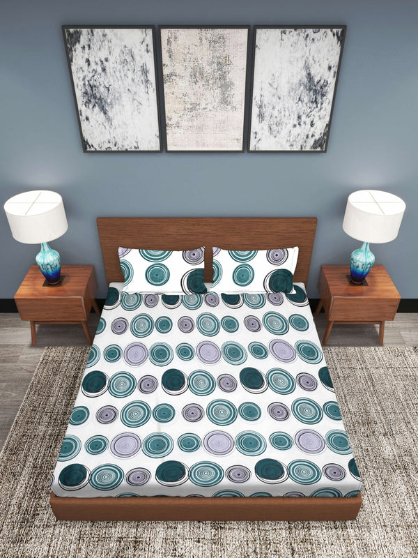 White & Teal Circle Patterned 210 TC Queen Bedsheet with 2 Pillow Covers