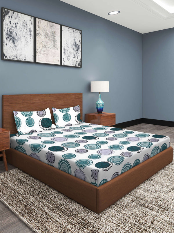 White & Teal Circle Patterned 210 TC Queen Bedsheet with 2 Pillow Covers